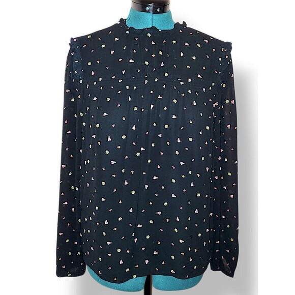 SANCTUARY Women's Black Multi Polka Dot Ruffle High Neck Long Sleeve  Blouse M - Picture 1 of 7